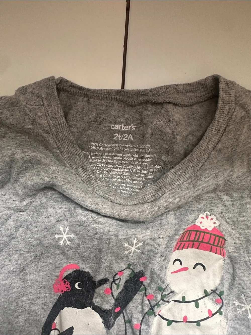 Carter’s Christmas Holiday Winter Penguin Snowman Grey Shirt 2T